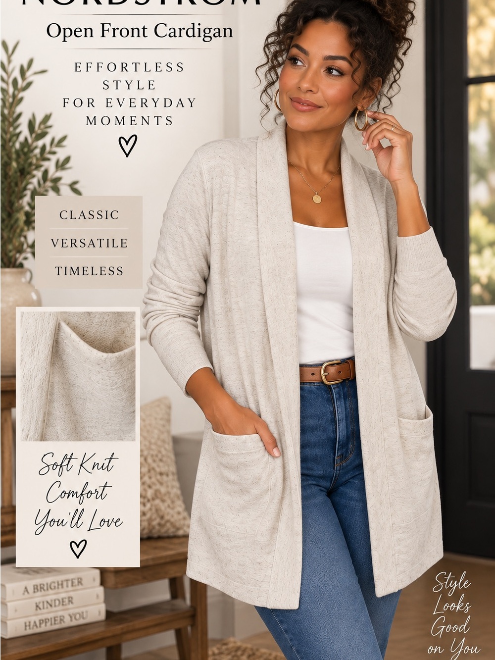 Nordstrom Open Front Cardigan - Oatmeal/Cream Heather Medium